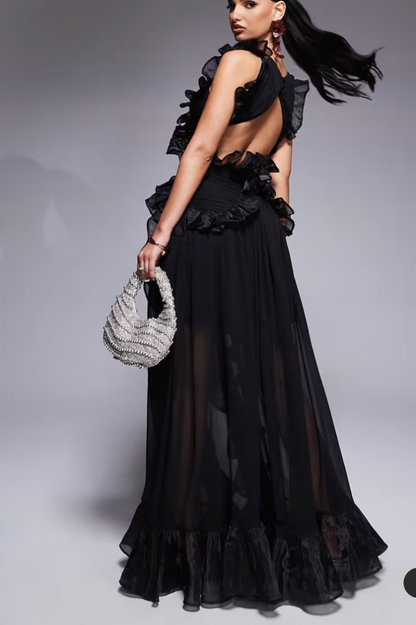 Fashion Elegant Spaghetti-Strap Ruffle V-neck Print Dress