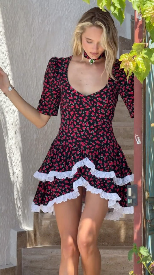 Sexy U Collar Middle-Sleeve Floral-Print A- line Skirt