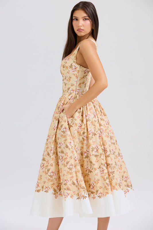 Sexy Temperament U Collar Slim-Fit Buttoned Pastoral Style Floral Dress