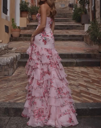 Sexy Elegant Printed Mesh Ruffled Long Dress
