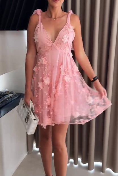 Sleeveless Sexy Suspenders Puffy Mesh Floral Print Mini Skirt