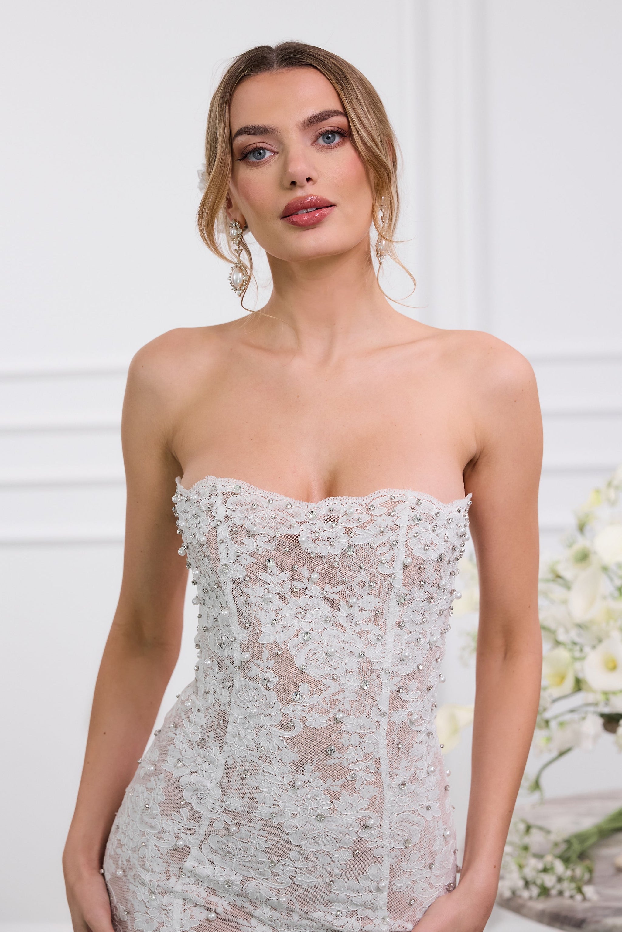 The Montague Dress in White Chantilly Lace